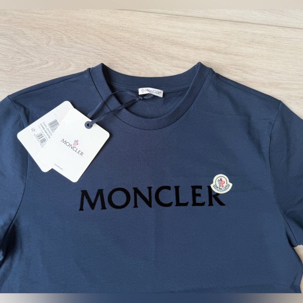 Moncler Men's Navy Blue Flocked Logo T-Shirt — Luxury Designer Tee - Picture 2 of 5